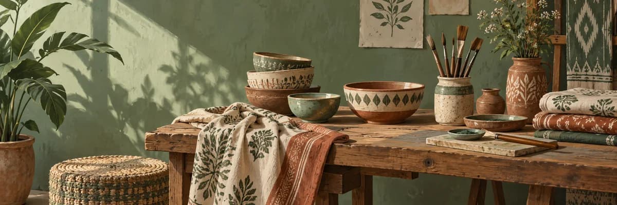 Illustrated pottery and textile workbench