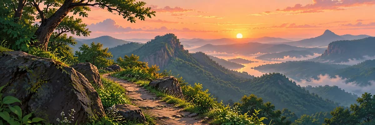Illustrated mountain path at sunrise