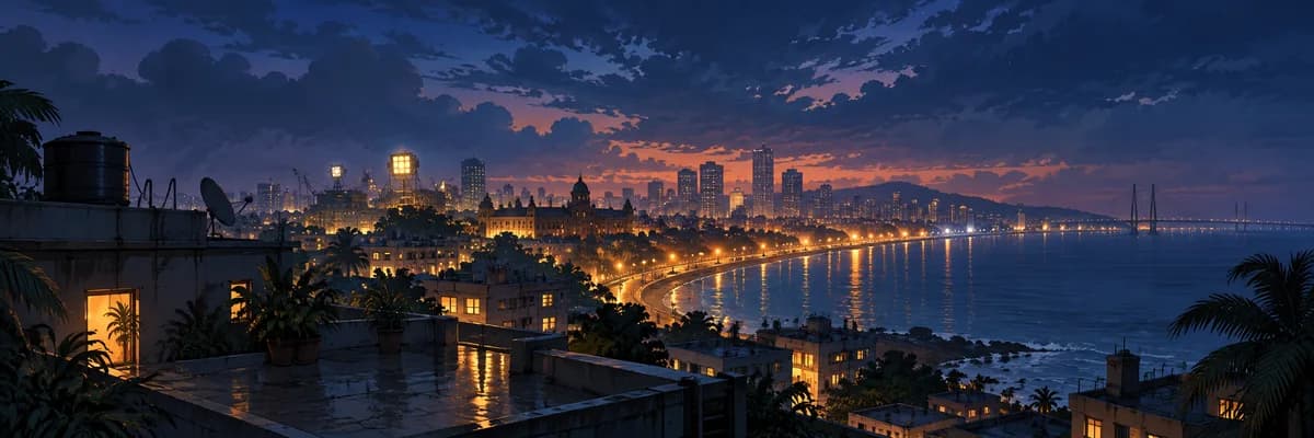 Illustrated city skyline after dark